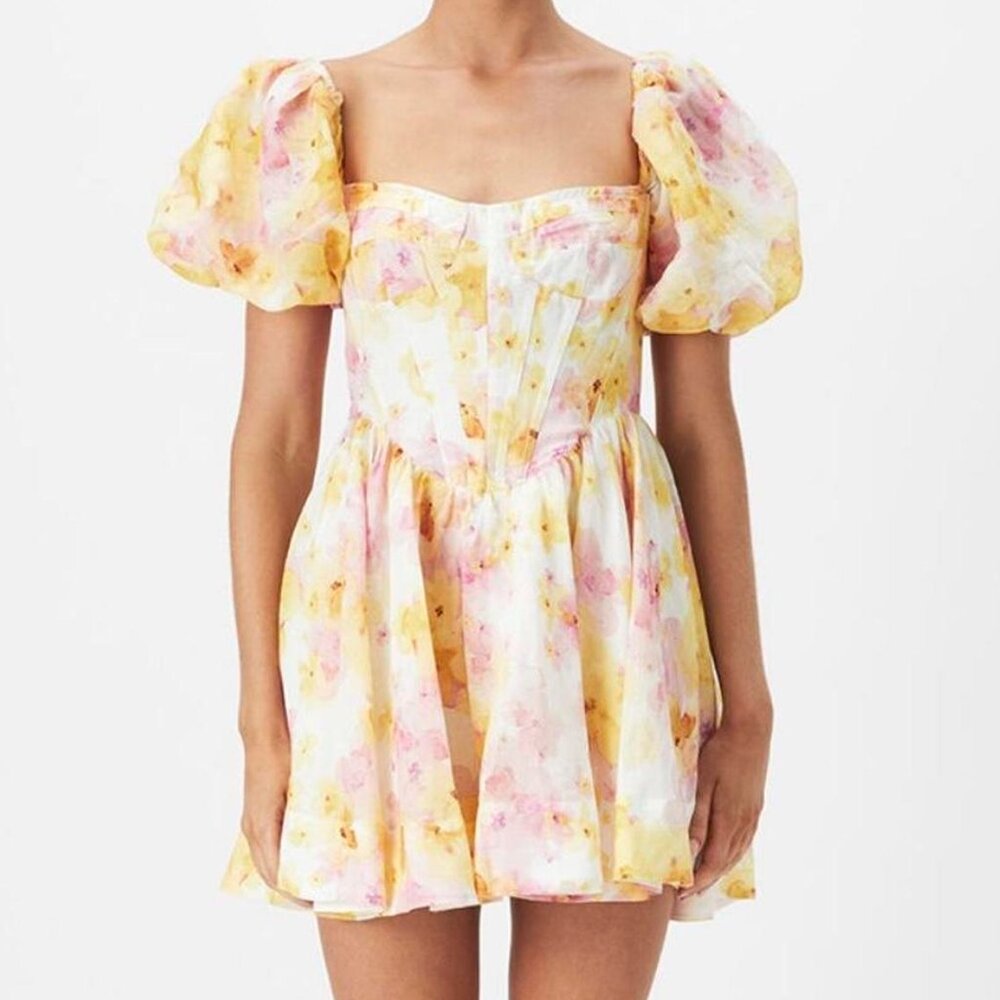 Bardot Kiah Corset Mini Dress Puff Sleeve Yellow Pink 6
